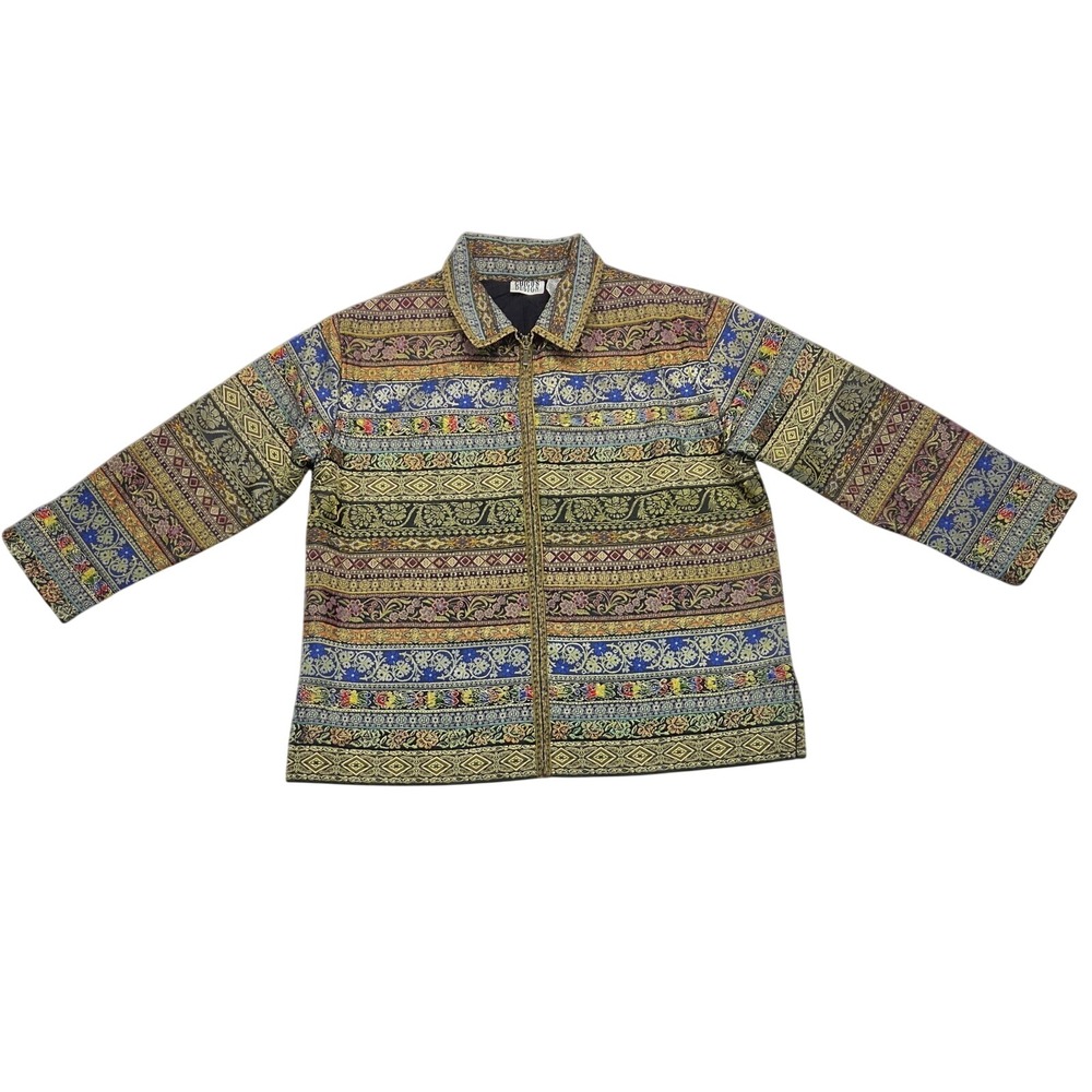 Chicos Design Tapestry Jacquard Zip Up Jacket Size 3 Boho Floral Geometric Blue